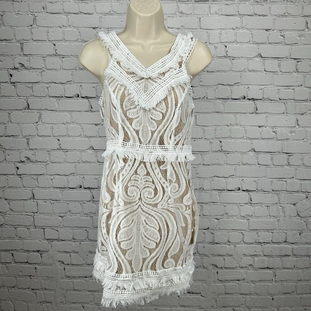 Ryse The Label Off White Sleeveless V Neck Lace Fringe Mini Dress Size Small S